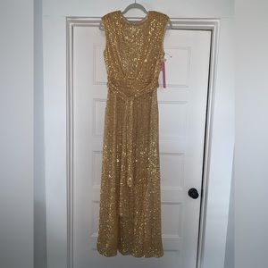 LTD Gold Sequenced gown, crew neck maxi. Never worn. Absolutely beautiful size 6